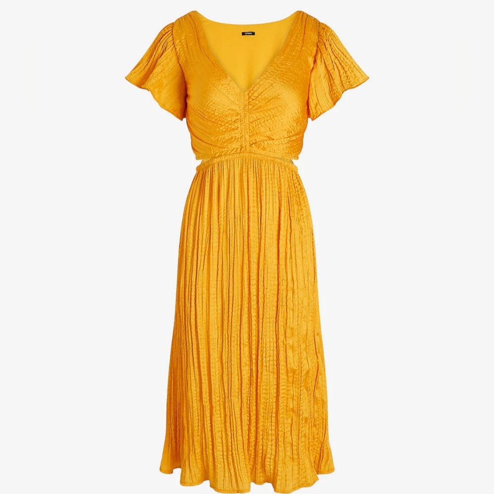Express Satin V-Neck Flutter Sleeve Pleated Cutout Midi Dress. - Picture 3 of 16